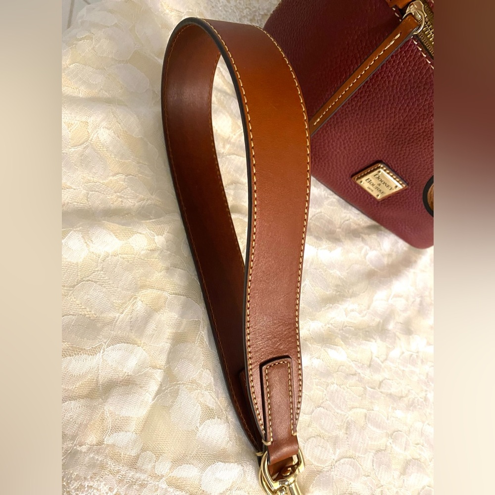 Dooney & Bourke Burgundy Pebbled Leather Drawstring Shoulder Bag with Tan Trim - Picture 12 of 16